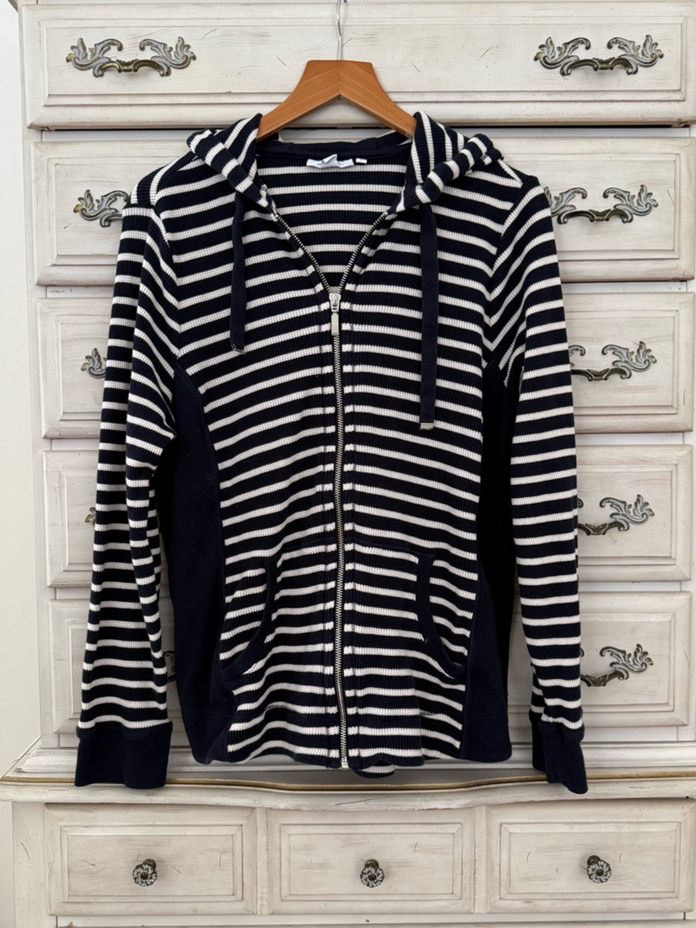 Chico’s Navy Striped Nautical Beach Hooded Cardigan